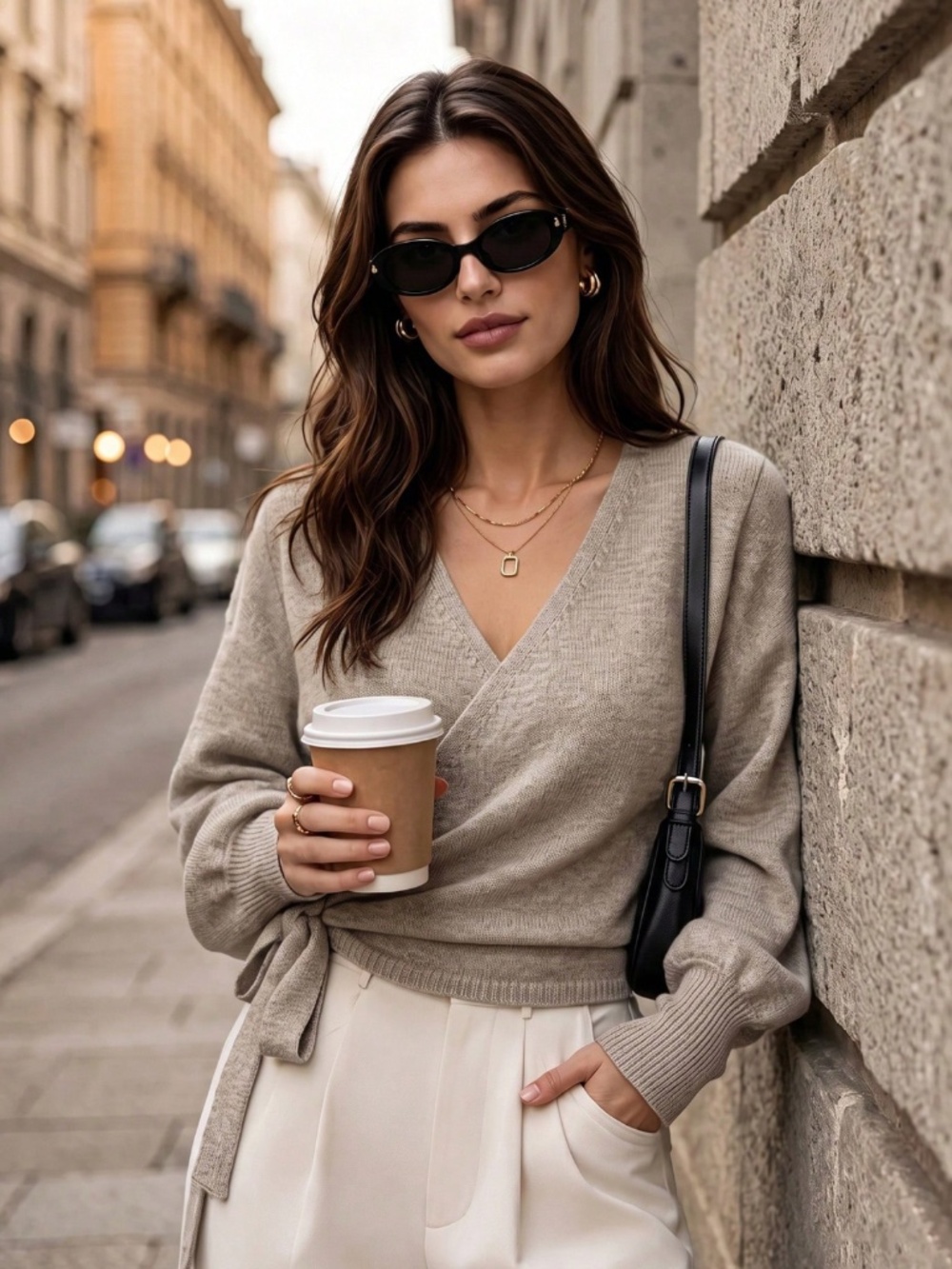 Khaki Wrap Knit Cardigan Long Sleeve Side Tie - Picture 7 of 12